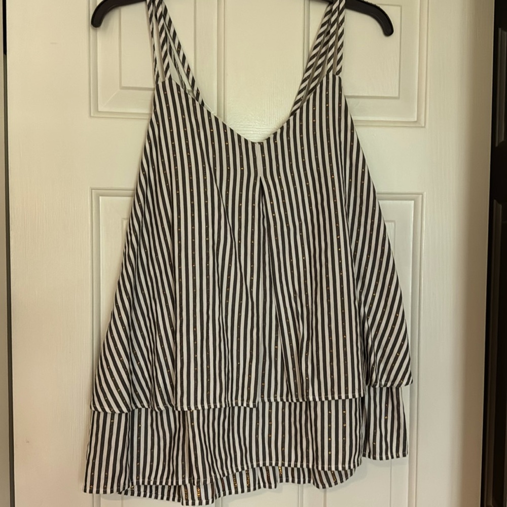 Crown & Ivy Gray White Striped Fly Away Spaghetti Strap Swing Tank Gold Dots XL